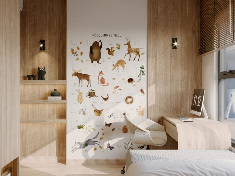 Phòng ngủ bé trai chung cư 80m2 với giường đơn, bàn học tích hợp kệ sách và không gian vui chơi