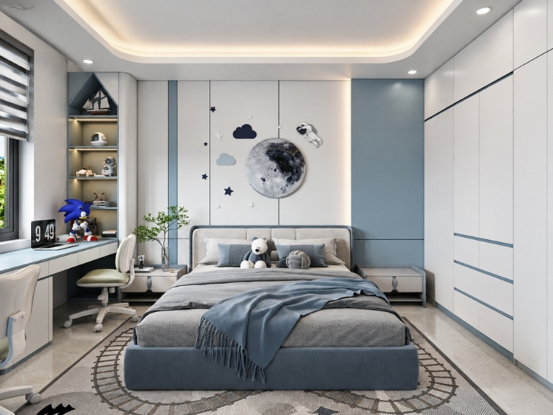 Phòng ngủ bé trai nhà phố 5x20m trang trí chủ đề vũ trụ sinh động tông màu xanh dương