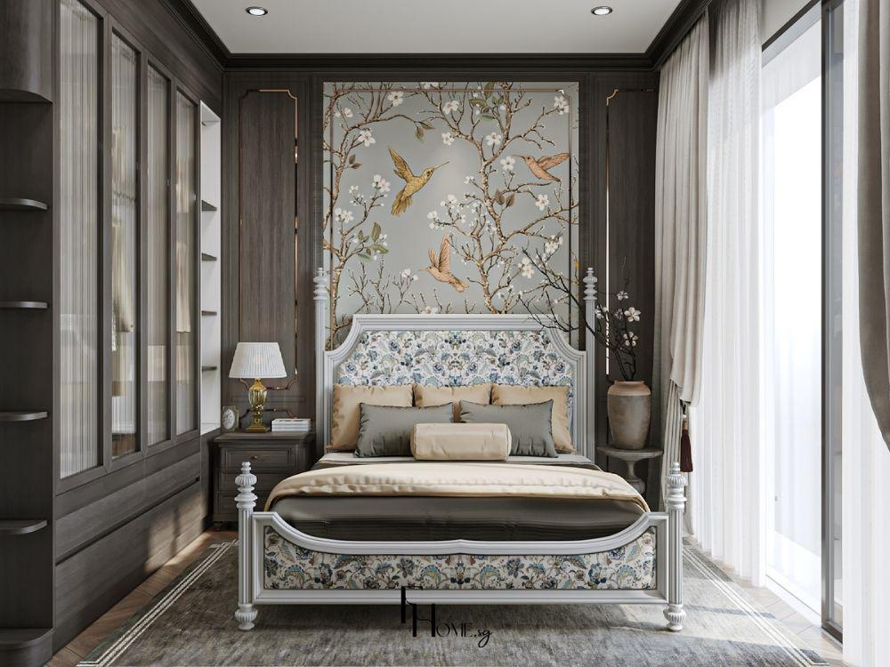 Phòng ngủ biệt thự Indochine sang trọng với tông màu kem, nâu trầm, điểm nhấn chi tiết chạm khắc tinh xảo