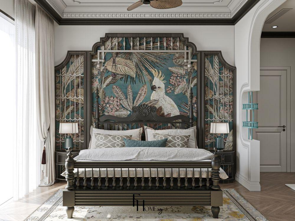 Phòng ngủ biệt thự phong cách Indochine với nội thất gỗ tối màu, quạt trần cổ điển và họa tiết Đông Dương tinh tế