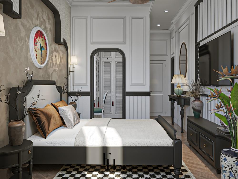 Phòng ngủ bố trí gọn gàng với cửa sổ lớn và nội thất gỗ ấm cúng, mang lại không gian nghỉ ngơi thoáng đãng, riêng tư