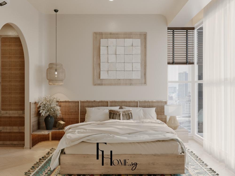 Phòng ngủ bố trí hợp phong thủy với giường đặt đúng hướng, tông màu hài hòa