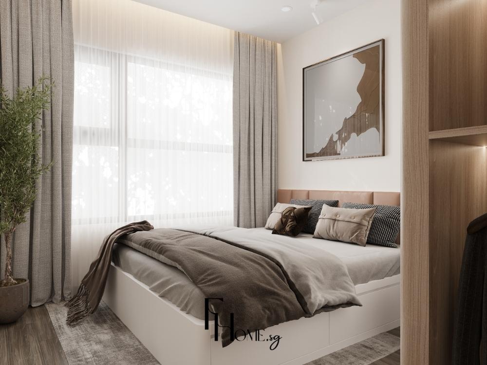 Phòng ngủ bố trí nội thất thông minh với giường có ngăn kéo và tủ âm tường giúp tiết kiệm diện tích hiệu quả.