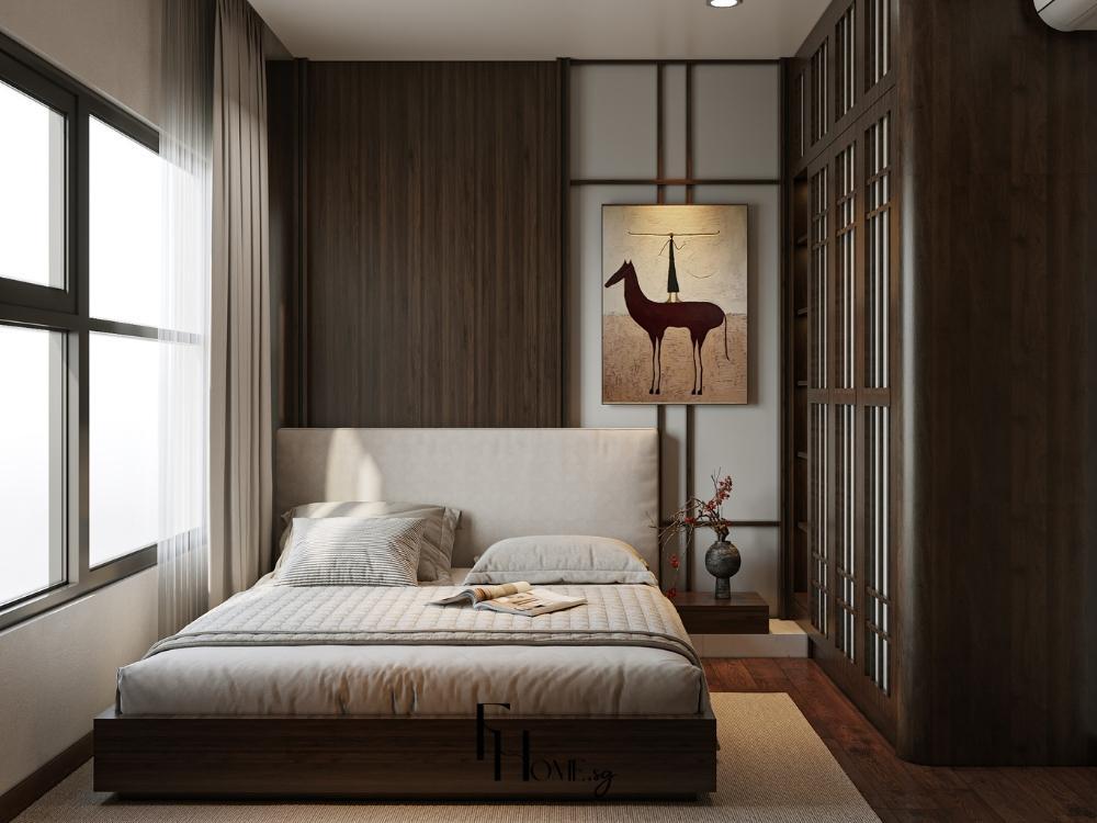 Phòng ngủ căn hộ 1 phòng ngủ phong cách hiện đại với giường gỗ tự nhiên