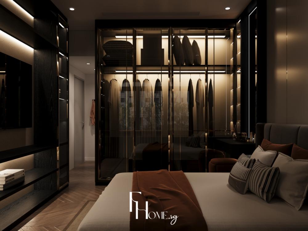 Phòng ngủ căn hộ 100m² với giường gỗ nâu và tủ âm tường tối ưu