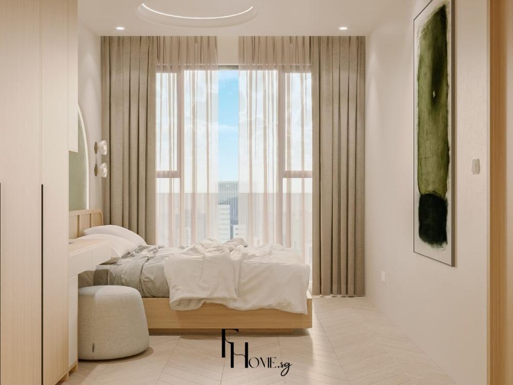 Phòng ngủ căn hộ 100m2 2 phòng ngủ với tông màu trắng chủ đạo và tranh treo tường làm điểm nhấn