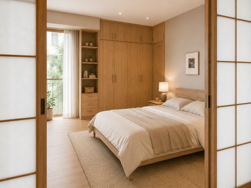 Phòng ngủ căn hộ 50m2 phong cách Nhật Bản với cửa trượt và tủ gỗ cao