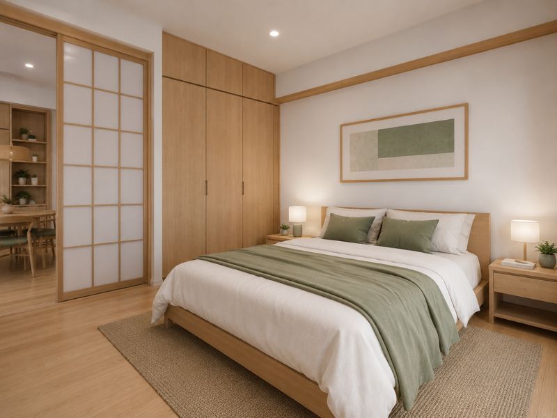 Phòng ngủ căn hộ 60m2 phong cách Nhật Bản với tủ gỗ và cửa trượt