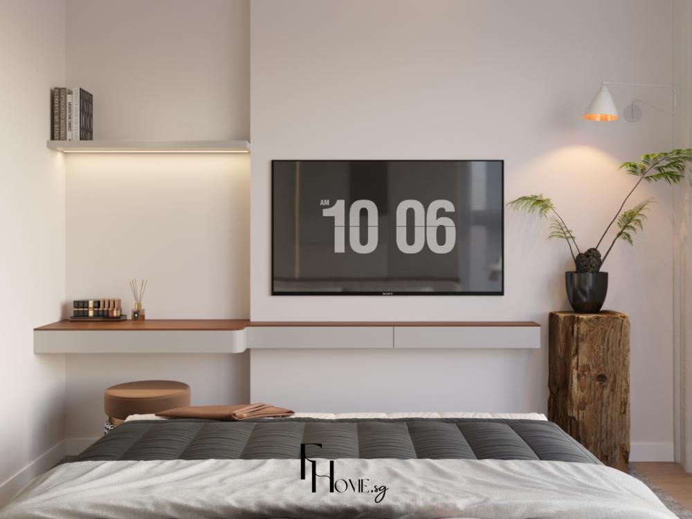 Phòng ngủ căn hộ 75m² mang phong cách tối giản kết hợp kệ tivi treo tường trong phòng