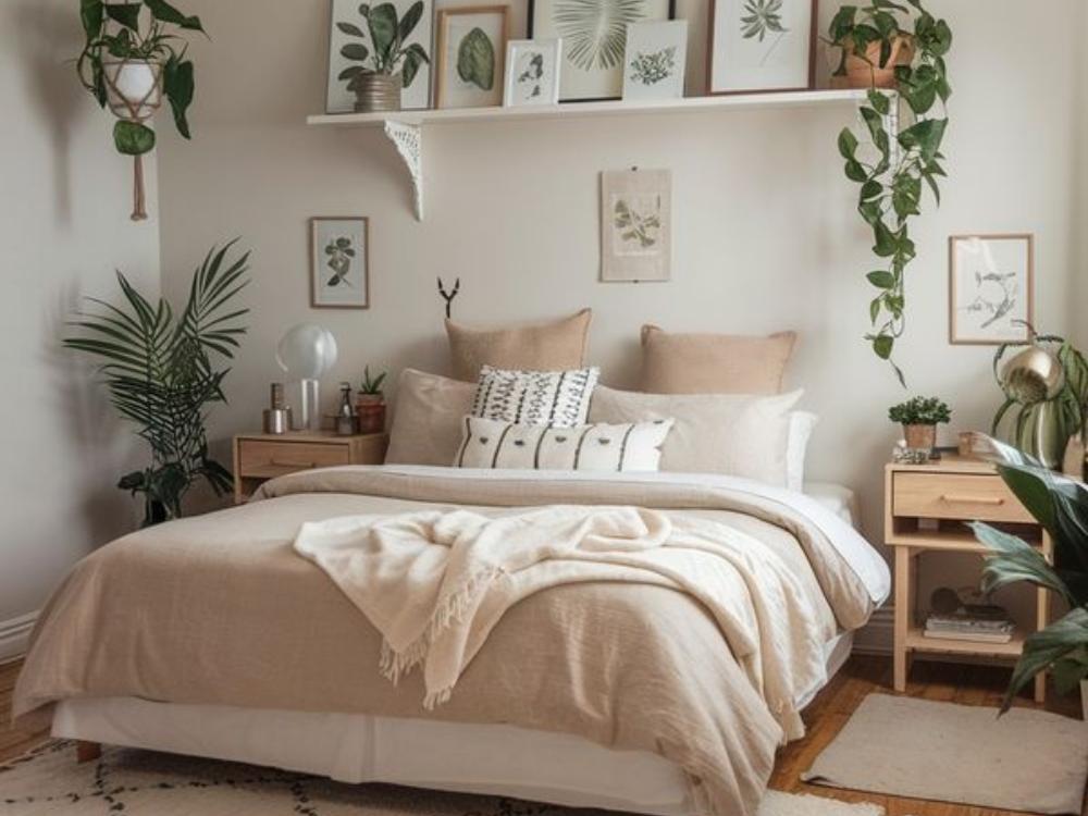 Phòng ngủ chính Scandinavian với màu trắng, xám nhạt, giường gỗ sáng màu