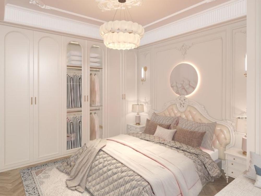 Phòng ngủ chính Tân cổ điển với màu kem và vàng gold, giường gỗ tự nhiên mạ vàng