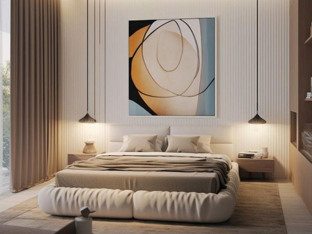 Phòng ngủ chính Tối giản với giường đơn giản, tủ âm tường và đèn LED âm trần