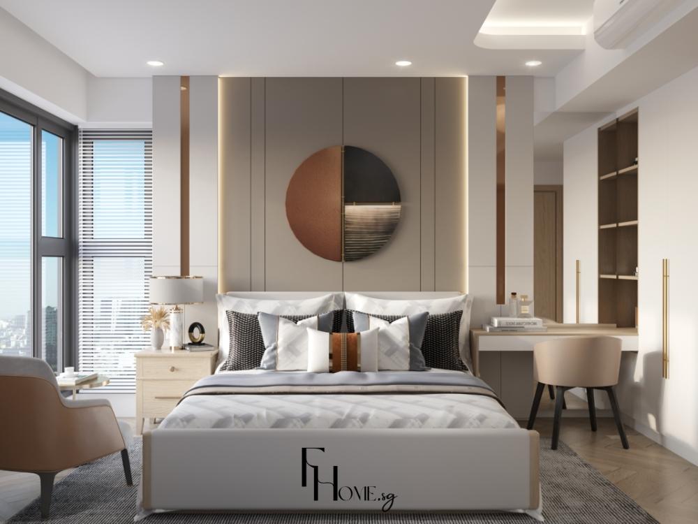 Phòng ngủ chính căn hộ 100m² 3 phòng ngủ với giường, tủ âm tường và bàn làm việc cạnh cửa sổ