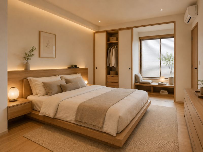 Phòng ngủ chính căn hộ 70m2 phong cách Nhật Bản với giường thấp và ánh sáng ấm