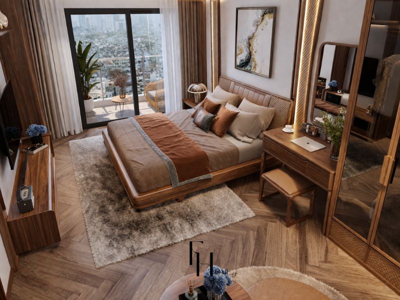 Phòng ngủ chính chung cư 100m2 luxury giường gỗ óc chó khung da camel sàn xương cá bàn trang điểm gương và ban công view thành phố