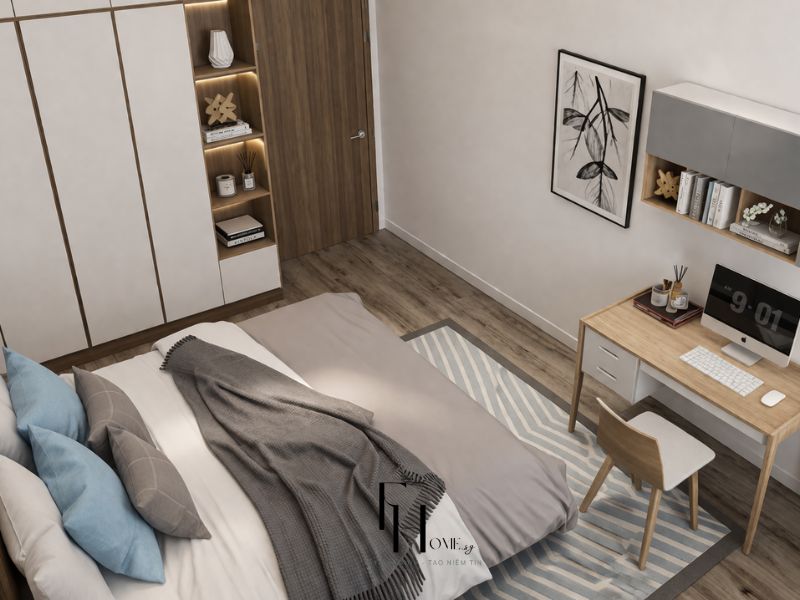 Phòng ngủ chính chung cư 100m2 phong cách hiện đại nhìn từ trên góc làm việc bàn gỗ kệ treo trắng tủ walnut LED sàn gỗ