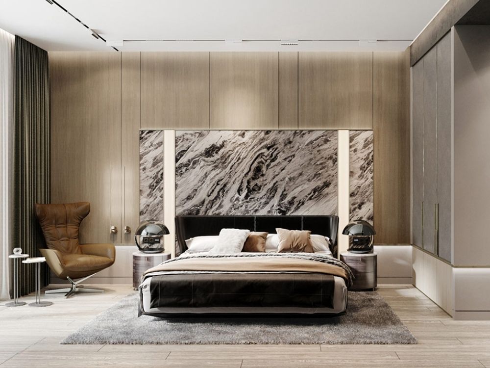 Phòng ngủ chính nhà phố 45m² thiết kế hiện đại tông màu gỗ