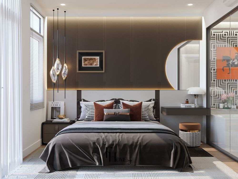 Phòng ngủ chính nhà phố 66m² thiết kế mid-century với giường, tủ đầu giường treo tường