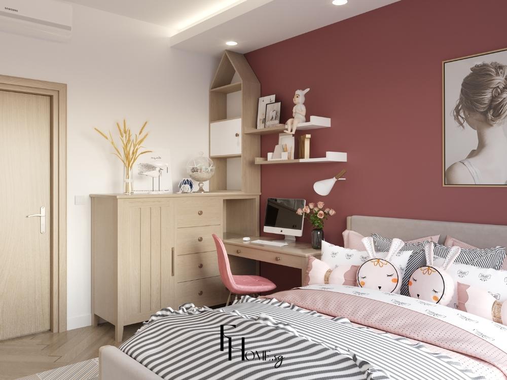 Phòng ngủ chính trong chung cư 60m² với giường lớn, tủ quần áo và không gian tối giản