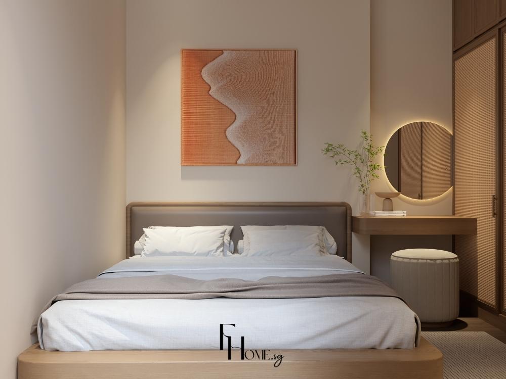 Phòng ngủ chính trong chung cư 60m² với tông màu trắng sang trọng