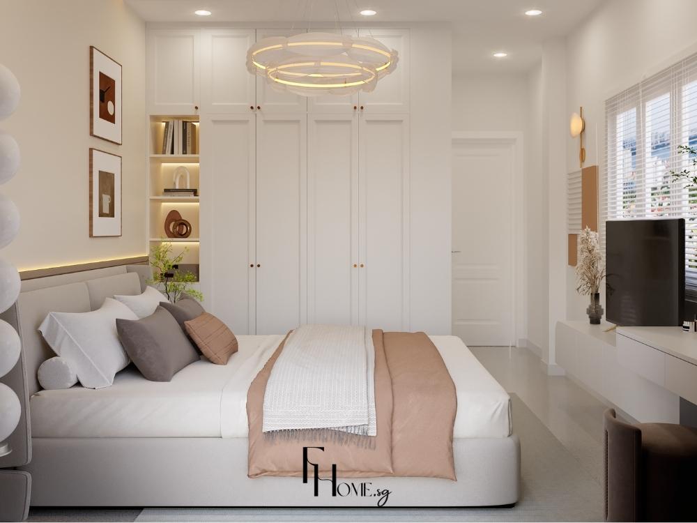 phòng ngủ chính với giường trung tâm, tủ quần áo âm tường