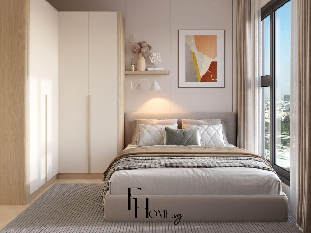 Phòng ngủ cho khách thiết kế đơn giản, thanh lịch với gam màu be và ánh sáng tự nhiên dịu nhẹ.