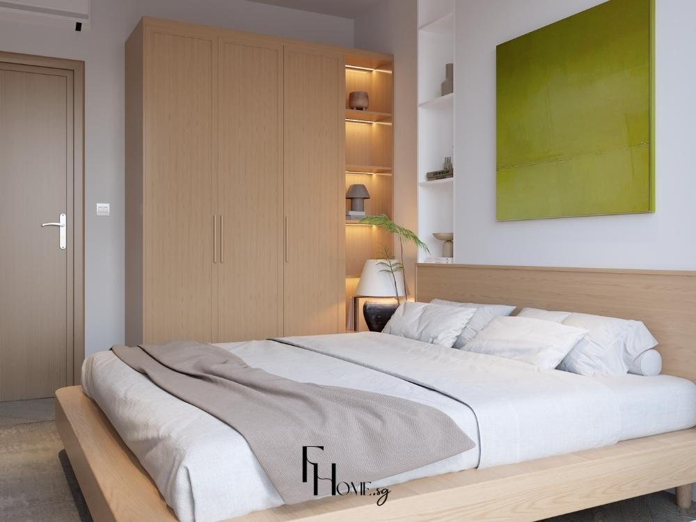 Phòng ngủ chung cư 1 phòng ngủ với màu sắc pastel và nội thất gỗ công nghiệp