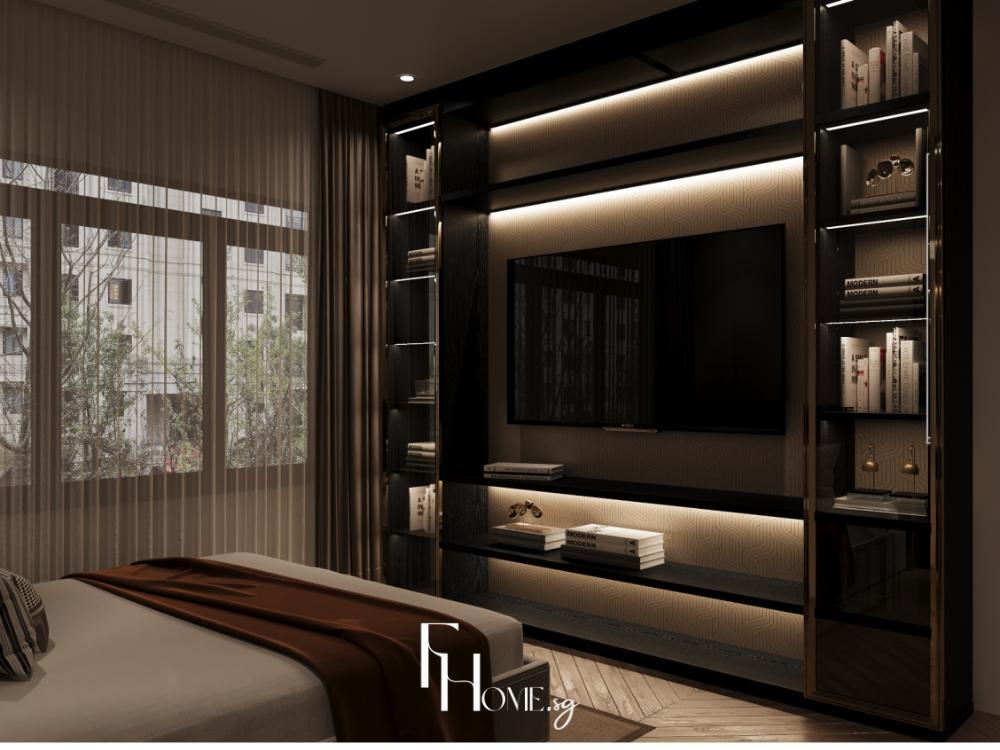 Phòng ngủ chung cư 100m² với giường gỗ sáng, tủ âm tường, rèm cản sáng và ánh đèn ngủ dịu nhẹ.