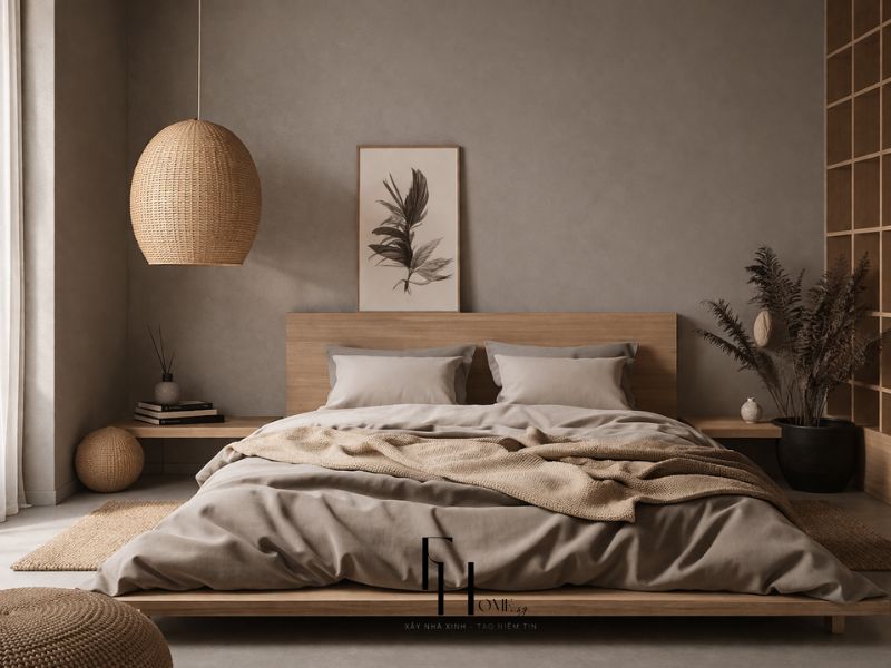 Phòng ngủ chính chung cư 100m2 phong cách japandi giường platform gỗ sồi ga linen nâu xám tường xám mờ đèn thả mây đan tròn và đôn cói góc cửa sổ
