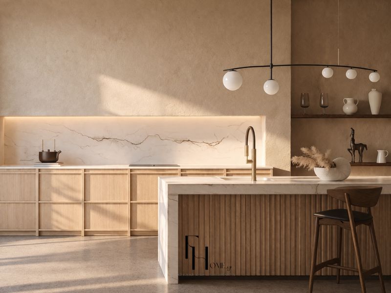 Phòng bếp chung cư 100m2 phong cách japandi tủ gỗ sồi lam dọc backsplash marble vàng LED đảo bếp marble chân lam gỗ ghế bar gỗ và đèn thả quả cầu trắng