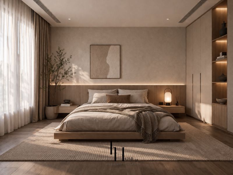 Phòng ngủ chính chung cư 100m2 phong cách scandinavian giường platform gỗ sồi nhạt đầu giường gỗ LED tường plaster beige tủ trắng kệ gỗ và cây olive góc cửa sổ
