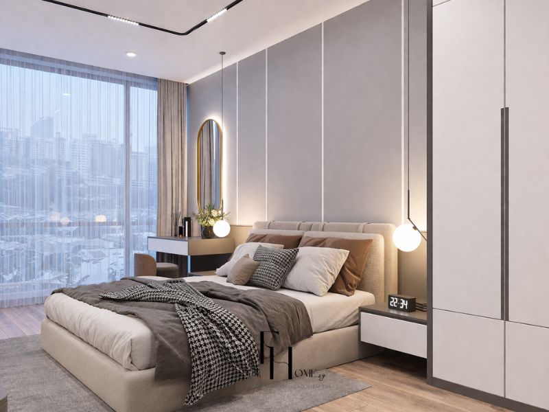 Tường đầu giường ốp vải xám chỉ trắng dọc tạo chiều cao thị giác, tủ âm tường kịch trần tối ưu lưu trữPhòng ngủ chính chung cư 100m2 phong cách tối giản tường vải xám chỉ trắng dọc và tủ âm tường cánh trắng kịch trần