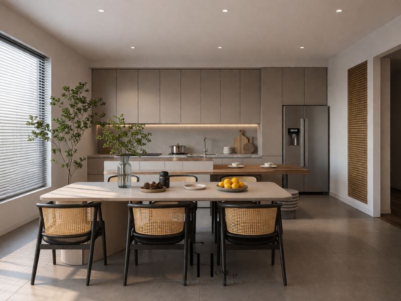 Phòng bếp chung cư 100m2 phong cách wabi sabi tủ nâu xám mờ kịch trần kệ gỗ mở bàn ăn gỗ 6 ghế lưng mây đan và cây xanh góc cửa sổ