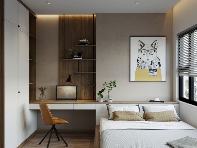 Phòng ngủ chung cư 105m2 phong cách Rustic bố trí bàn làm việc liền hệ tủ gỗ
