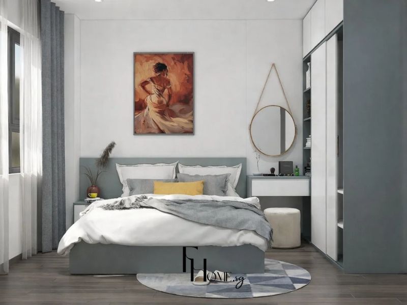 Phòng ngủ chung cư 45m2 1 phòng ngủ, đầu giường xanh mòng két, tủ cửa trượt xám trắng và bàn trang điểm gương vàng đồng