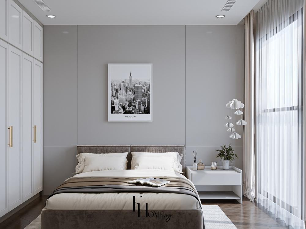 Phòng ngủ chung cư 45m2 Hiện đại với tường panel xám, tủ bóng trắng tay nắm vàng đồng và đèn mây trắng