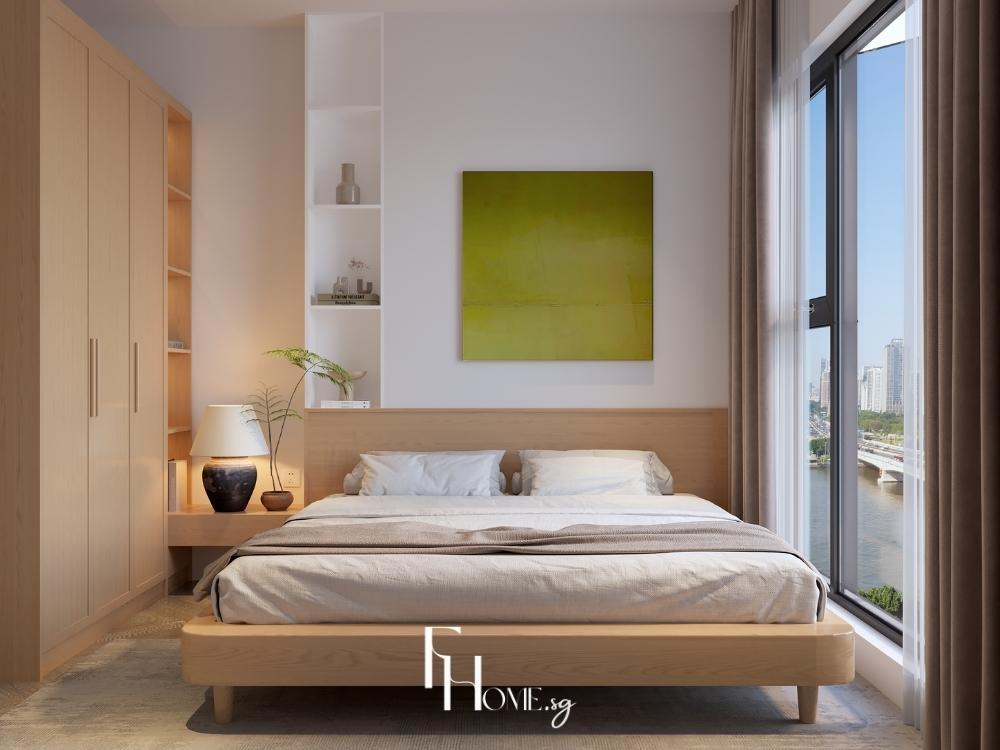 Phòng ngủ chung cư 45m2 Japandi với giường platform oak, tranh xanh lá và view sông
