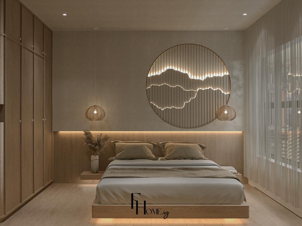 Phòng ngủ chung cư 45m2 Nhật Bản với giường platform oak, tấm decor tròn LED và tủ âm tường kịch trần
