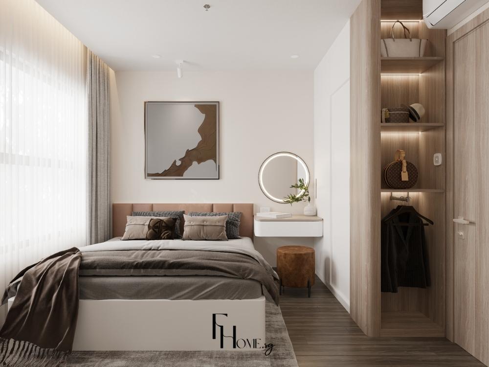 Phòng ngủ chung cư 45m2 Tối giản với đầu giường da nâu terra, bàn trang điểm treo tường và kệ gỗ oak mở