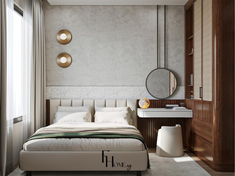 Phòng ngủ chung cư 45m2 với gam màu nhẹ nhàng, ánh sáng dịu và nội thất tối giản, mang lại cảm giác yên bình và giấc ngủ chất lượng.