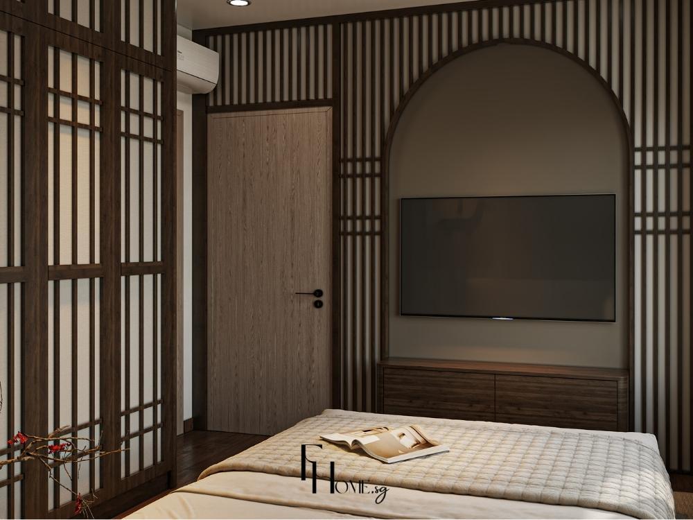 Phòng ngủ chung cư 50m² với giường ngủ đơn giản, tủ âm tường và thiết kế hiện đại