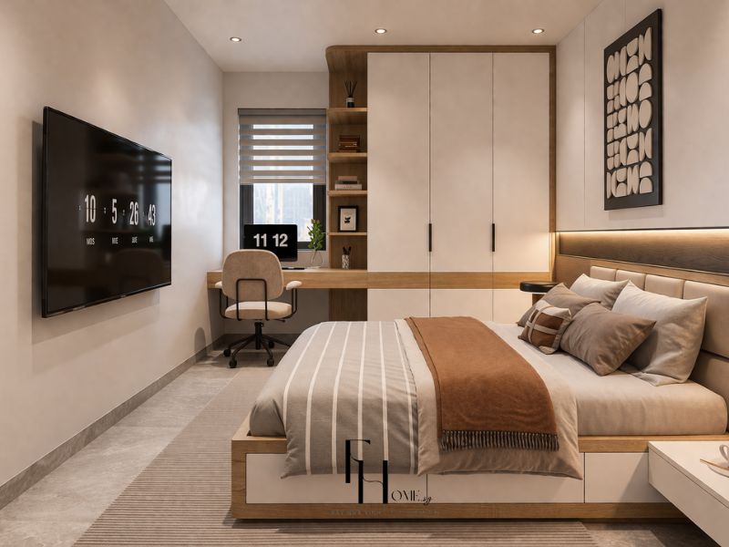 Phòng ngủ chung cư 55m2 với tủ quần áo trắng gỗ viền nâu liền kệ mở và bàn làm việc, giường nền gỗ tích hợp ngăn kéo