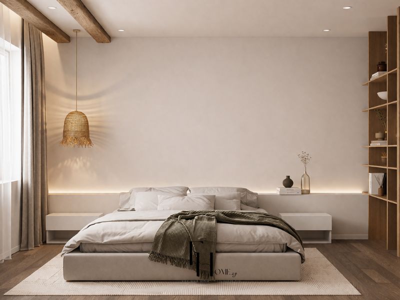 Phòng ngủ chung cư 55m2 với giường bọc vải be xám thấp sát sàn, đèn thả mây tre và đèn hắt âm tường đầu giường