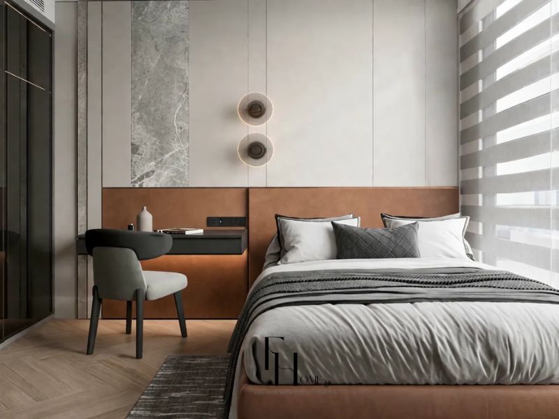 Phòng ngủ phụ chung cư 60m2 hai phòng ngủ với vách da nâu kết hợp đá xám và bàn làm việc tích hợp