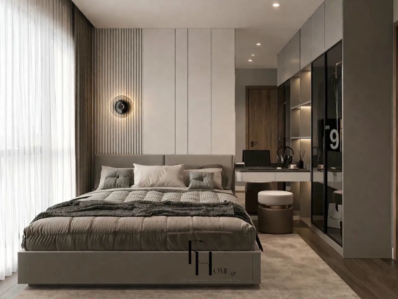 Phòng ngủ chính chung cư 60m2 hai phòng ngủ với vách nan gỗ dọc và tủ kịch trần cửa kính tích hợp bàn trang điểm