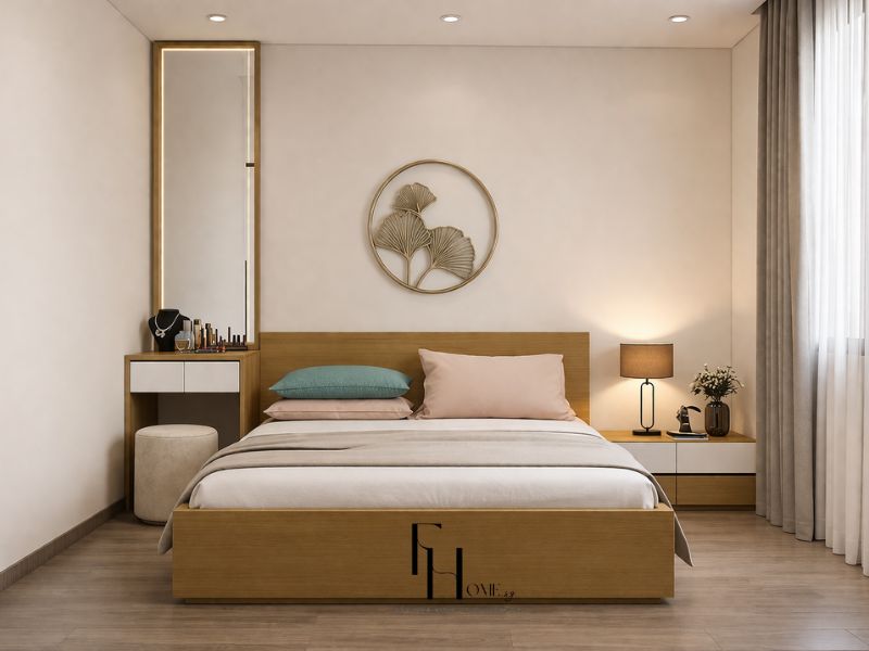 Phòng ngủ chung cư 55m2 với giường gỗ walnut vàng ấm, bàn trang điểm gắn tường liền đầu giường và trang trí vòng tròn ginkgo vàng gold