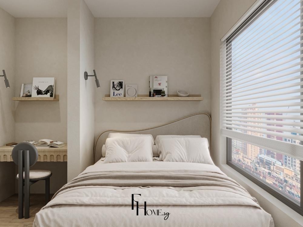 Phòng ngủ chung cư 60m² sử dụng tông màu pastel dịu nhẹ và nội thất tối giản, giường có ngăn kéo