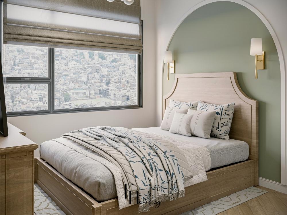 Phòng ngủ chung cư 60m² với gam màu nhẹ nhàng như xanh pastel và be, giường thông minh có ngăn kéo và tủ quần áo kịch trần