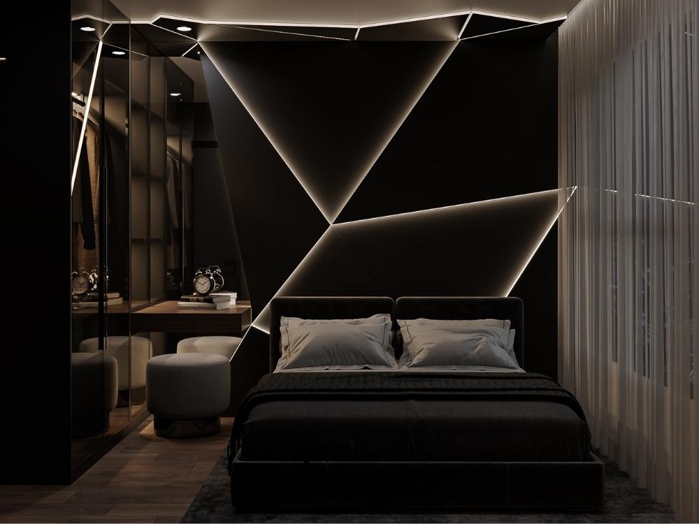 Phòng ngủ chung cư 60m² với giường ngủ sang trọng, nội thất tân cổ điển và không gian thoải mái.