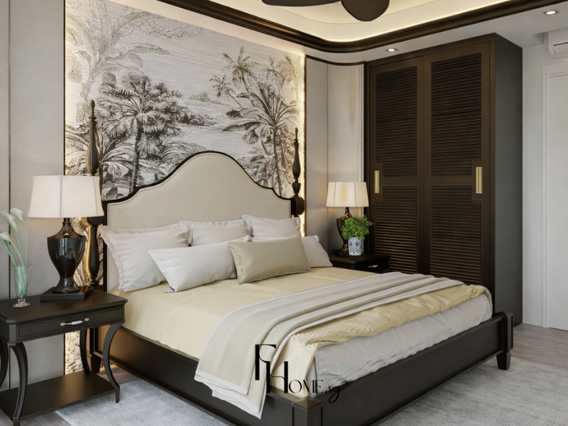 Phòng ngủ chung cư 68m2 phong cách Indochine tranh tường phong cảnh nhiệt đới mực Tàu có đèn LED viền, đầu giường cong vòm be khung gỗ đen và tủ cánh nan nâu đậm